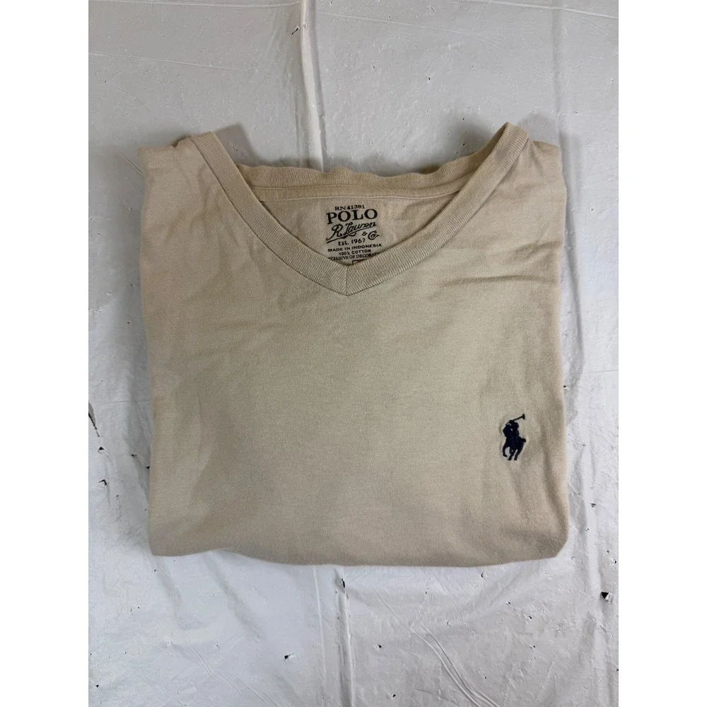 Polo Ralph Lauren Mens V-Neck T-Shirt Tan Beige Cotton Pony Logo Size M 3360